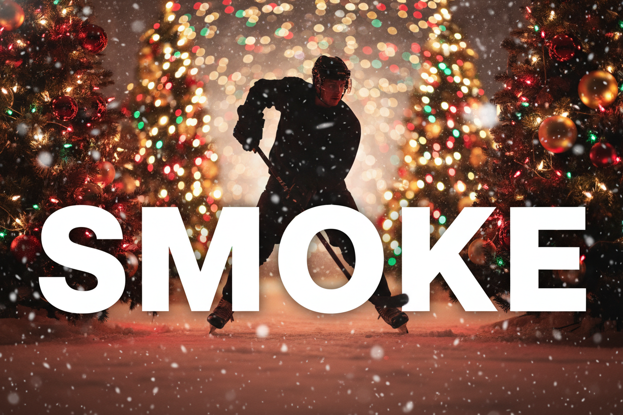 in white block letters the word "smoke" by itself, with a hockey stick figure in the background, with a christmas backdrop